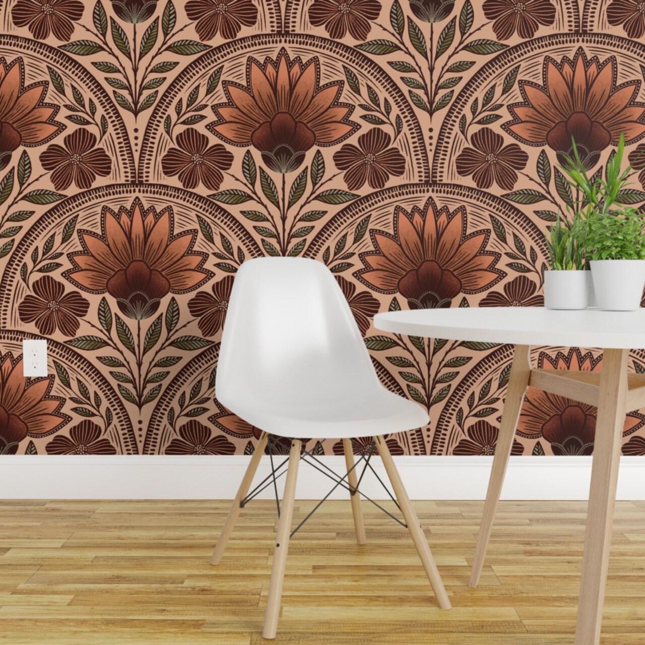 Non-Pasted Wallpaper 2FT Wide Earth Tone Floral Art Deco Beige Rust Nouveau Rustic Damask Bohemian Botanical Terracotta Traditional Wallpaper by Spoonflower